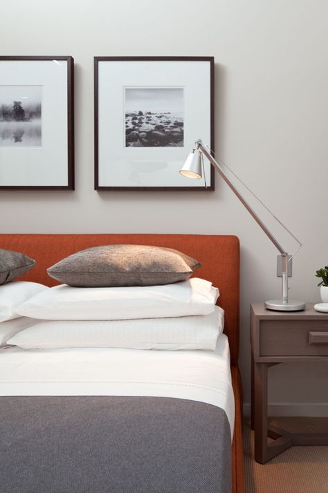 White Pillows Bedroom, Luxurious Penthouse Interior, Orange Headboard, Masculine Room, Pillows Bedroom, Penthouse Design, Coco Republic, Grey Room, Penthouse Apartment