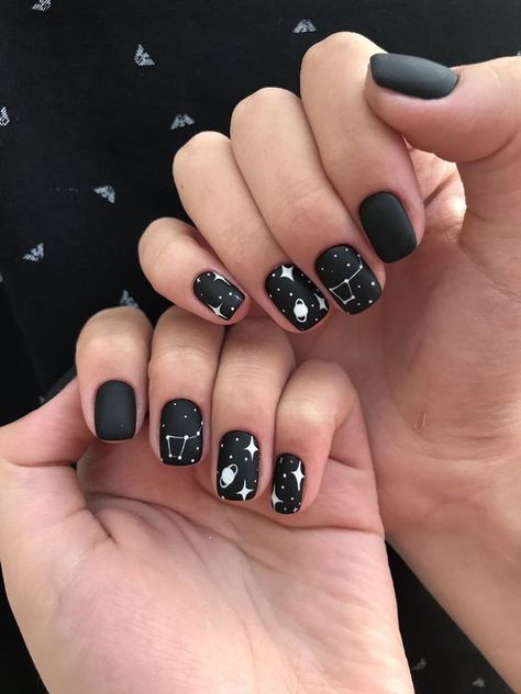 Black nail color in matte finish with galaxy nail arts on short tapered square nails Rocker Nails, Dark Color Nails, Rock Star Nails, Nail Nail Designs, Acrylic Nails Ideas, Rock Nails, Star Nail Designs, Space Nails, Tapered Square Nails