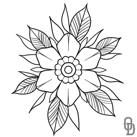 Easy Tattoo Flowers, Beginner Flash Sheet, Neotraditional Tattoo Stencil, Horror Tattoos Simple, Old School Flower Tattoo Designs, Traditional Flower Outline, American Traditional Flower Tattoo Designs, American Traditional Line Work, Easy Outline Tattoos