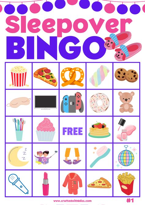 sleepover bingo sleepover bingo printable Pajama Party For Kids, Pajama Party Games, Pajama Party Birthday, Adult Pajamas Party, Birthday Bingo, Party Games For Ladies, Games For Ladies, Bingo Games For Kids, Free Bingo Cards