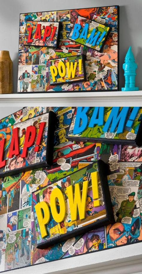 DIY Superhero Art - Use comic books (or color copies!) and Mod Podge to make this DIY superhero canvas craft - a great gift for guys. Also fun for kids or for teens to make for their rooms! These canvases would look awesome at a superhero party too. Comic Book Crafts, Comic Book Theme, Comic Wall, Superhero Canvas, Diy Superhero, Great Gifts For Guys, Gift For Guys, Book Craft, Superhero Room