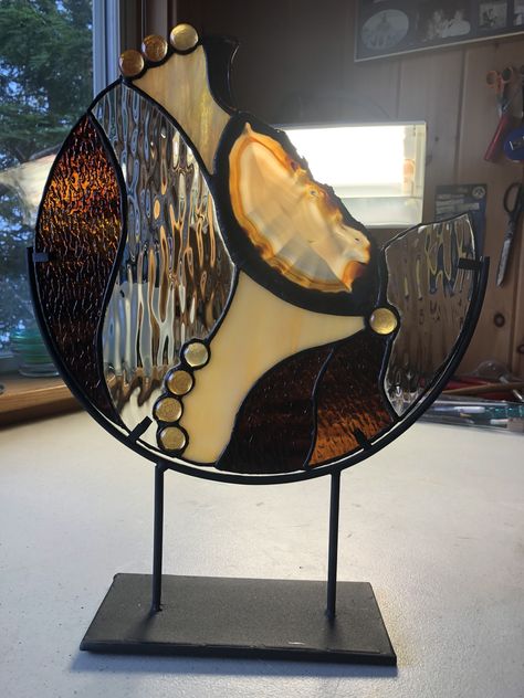 10 inch round;particularly nice agate;  made for Kathy, Fall 2020 Stained Glass With Geodes Agate Slices, Stained Glass Agate, Stained Glass With Agate Slices, Stained Glass Circles, Glass Wall Sculpture, Agate Art, Stain Glass Window Art, Diy Stained Glass Window, Stained Glass Studio