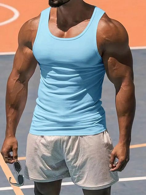 Baby Blue Casual Collar Sleeveless Fabric Plain  Embellished Medium Stretch  Men Clothing Dark Skin Men, Men’s Fitness, Chill Fits, Cool Outfits For Men, Sweater Tank Top, Casual Tank Tops, Men Clothing, Mens Summer, Mens Fitness