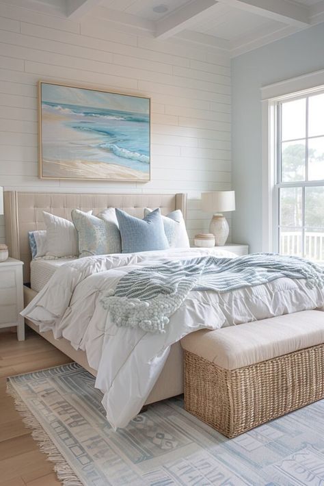 29 Coastal Bedroom Ideas to Create Your Dream Seaside Retreat Modern Coastal Bedroom Ideas, Costal Bedroom, Coastal Room Decor, Light Blue Bedroom, Modern Coastal Bedroom, Beachy Bedroom, Coastal Bedroom Decorating, Coastal Room, Serene Bedroom