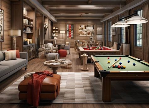 31 Game Room Ideas: For Basement, Garage and Small Rooms Rustic Basement Game Room Ideas, Garage Conversion To Game Room, Modern Farmhouse Game Room Ideas, Family Room With Game Table, Finished Basement Game Room, Ping Pong Game Room, Sport Basement Ideas Decor, Rec Room Ideas Family, Sports Basement Ideas