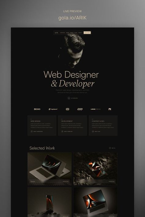 Arik is a minimal & modern Portfolio Framer Template perfectly suited for freelancers, designers, agencies or your personal portfolio. Web Developer Portfolio Website, Portfolio Website Design Inspiration, Cv Website, Personal Website Design, Web Design Inspiration Portfolio, Personal Website Portfolio, Website Design Inspiration Layout, Portfolio Photo, Web Portfolio