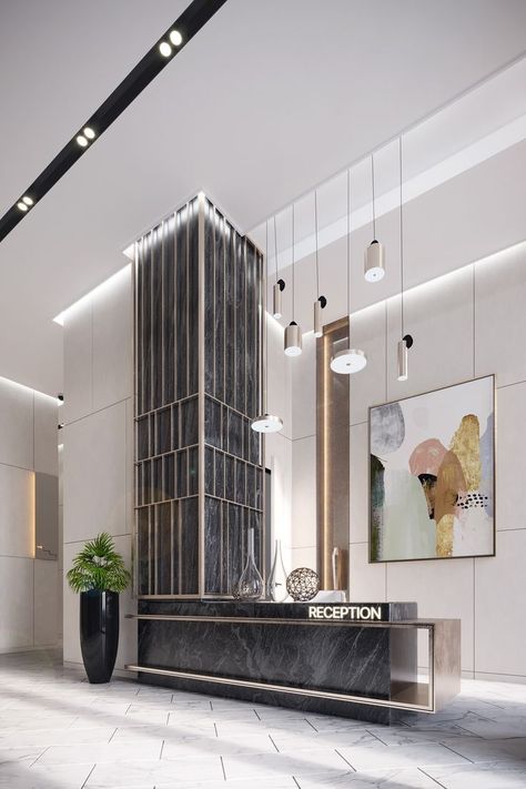 Residential lobby on Behance Condo Lobby, Residential Lobby, Apartment Lobby, Lobby Ideas, Interior Hotel, Building Lobby, Hotel Lobby Design, Lobby Interior Design, Reception Desk Design