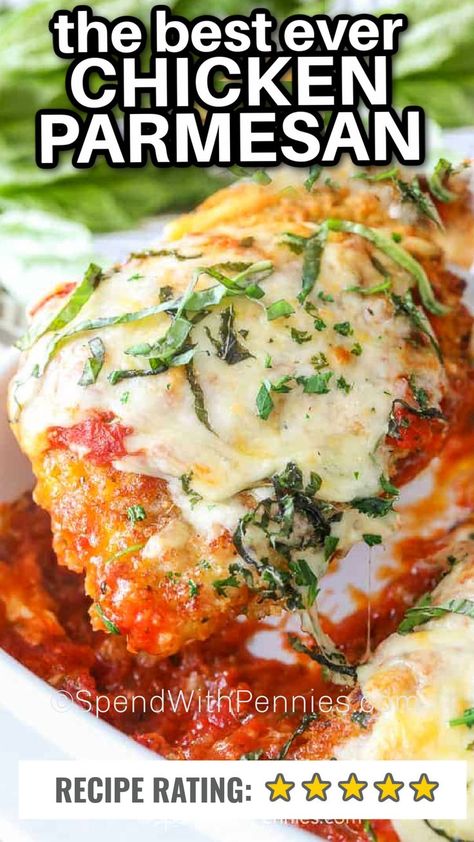 chicken with cheese and basil Chicken Parmesan Recipe Easy, Chicken Parmesan Recipe, Easy Chicken Parmesan, Chicken Parmigiana, Spend With Pennies, Parmesan Recipes, Baked Chicken Parmesan, 300 Calories, Chicken Parmesan