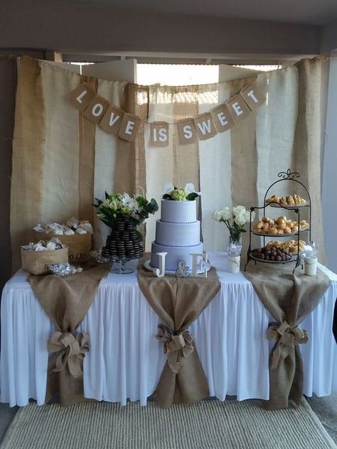 Dessert table, dessert ideas, wedding dessert, sweet wedding Burlap Wedding Decorations, Dekoratívne Vence, Dessert Table Backdrop, Rustic Wedding Decorations, Unique Wedding Decor, Rustic Bridal, Wedding Anniversary Party, Burlap Wedding, 50th Wedding Anniversary