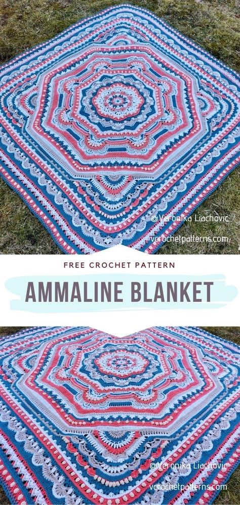 Ammaline Blanket Free Crochet Pattern Isn't Ammaline a real beauty? #CrochetBlanket #FreeCrochetPattern Beginner Crochet Blanket Patterns, Free Mandala Crochet Patterns, Beginner Crochet Blanket, Crochet Blanket Stitch Pattern, Crochet Blanket Tutorial, Crochet Blanket Pattern Easy, Crochet Afghan Patterns Free, Mandala Patterns, Crochet Stitches Free