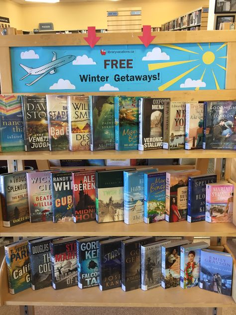 January display - FREE winter getaways! Winter Book Displays Public Libraries, Winter Reading Programs For Libraries, January Book Displays Library, January Book Display, January Library Displays, Library Slogans, Winter Library Displays, College Library Displays, Library Display Ideas