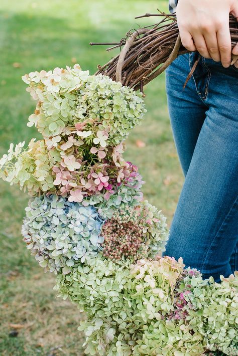 Learn how simple it is to make this 10 minute homemade hydrangea wreath for fall! Hydrangea Pruning, Diy Hydrangea, Hydrangea Wreath Diy, Hydrangea Garland, Fall Hydrangea Wreath, Wreath For Fall, Types Of Hydrangeas, Dried Flowers Diy, Fall Hydrangea