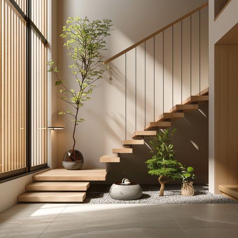 Minimalistic simple staircase design Stairs Near Front Door Entryway, Narrow Stairs Design, Japandi Staircase Design, Hall With Stairs Ideas, Stairs Japandi, Scandi Stairs, Japandi Staircase, Japandi Stairs, Minimalistic Staircase