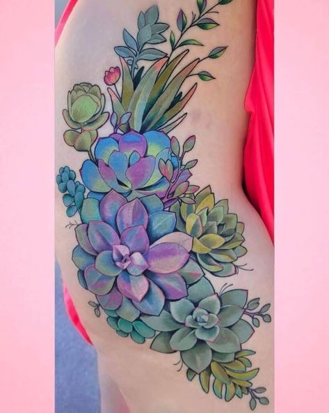 Succulent And Flower Tattoo, Succulent Tattoo Design, Succulent Sleeve Tattoos For Women, Succulent Tattoos For Women, Succulent Sleeve Tattoo, Succulent Tattoo Ideas, Succulent Tattoo, Tattoo Sleeve Filler, Floral Thigh Tattoos