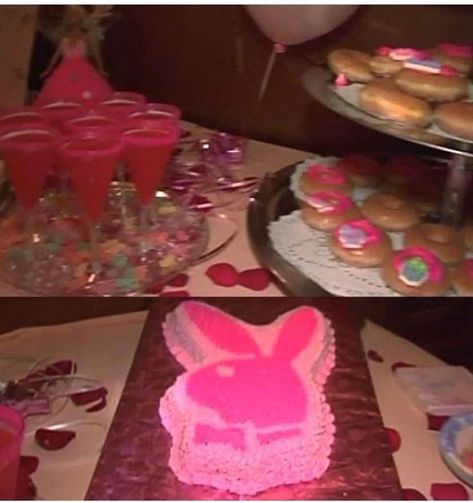 Bridget's Barbie Pink-themed Birthday Party Spread: a pink Playboy Bunny head Cake, Doughnuts, pink cocktails, pink balloons, pink rose petals..... Playboy Bunny Party, Pink Playboy Bunny, Pink Playboy, Cake Doughnuts, Pink Rose Petals, Bunny Birthday Party, Party Spread, Birthday Goals, Bunny Party