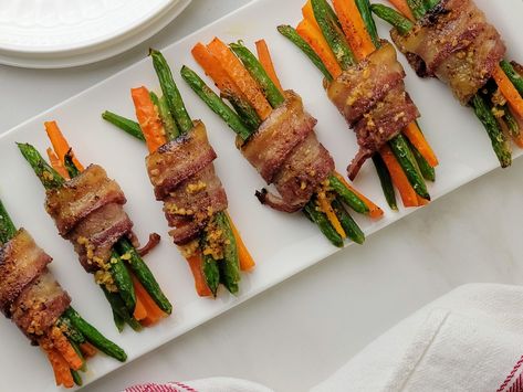 Bacon Wrapped Carrots Brown Sugar, Bacon Wrapped Carrots, Bacon Wrapped Vegetables, Asparagus Rolls, Bacon Wrapped Green Beans, Asparagus Wraps, Brown Sugar Bacon, Carrots And Green Beans, Carrot Greens