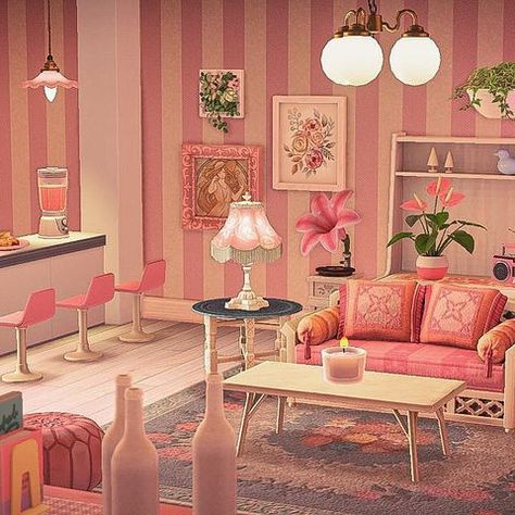 Acnh Pink Room Ideas, Animal Crossing Pink Room, Acnh Living Rooms Ideas, Pink House Interior, Acnh Interior, Acnh Hhp, Acnh House, Pink Bedroom Design, Pink Core