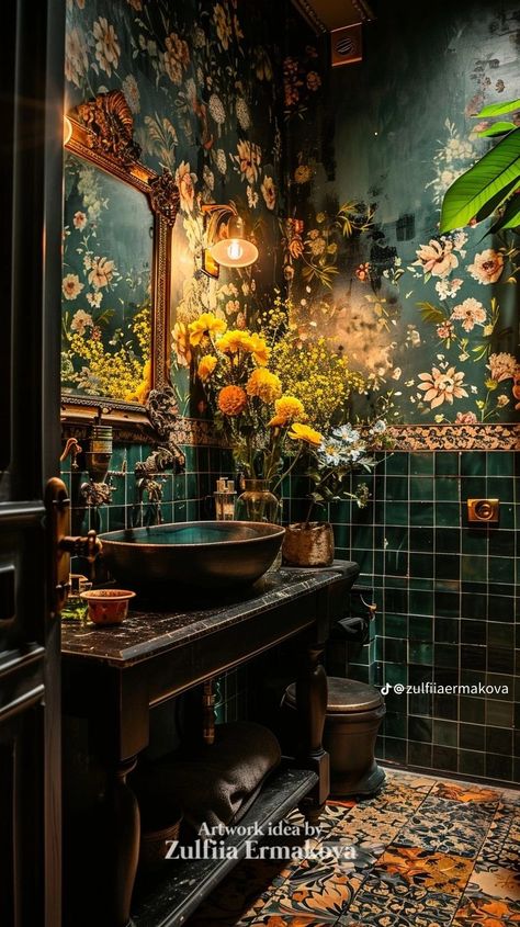 Dark Maxamilist Interior, Maximalist Interior Design Bathroom, Art Deco Shower Room, Dark Green Gold Bathroom, Emerald Green And Gold Bathroom Ideas, Roman Decor Interior Design, Maximalist Home Interior, Fairy Aesthetic Home, Gothic Modern House Interior