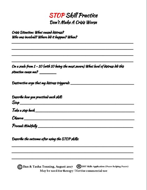 DBT STOP SKILLS PRACTICE Worksheet for https://www.facebook.com/groups/DBTPeershelpingPeers/ .................. For Lesson: http://peerguideddbtlessons.weebly.com/2--3-stop.html Stop Dbt, Dbt Skills Worksheets, Dbt Therapy, Distress Tolerance, Dbt Skills, Education Level, Science Worksheets, Skill Training, Educational Worksheets