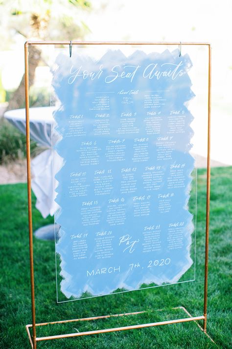 Copper Hanging Pipe Stand | Acrylic Wedding Sign with blue painted back | Etchings by Emma | Arizona Hand Lettering | Wedding Calligraphy | Arizona Weddings | The Paseo Wedding Venue | Photographer: Andrew Jade Photo | Wedding Signs Hanging Acrylic Wedding Sign, Blue Acrylic Wedding Sign, Hand Lettering Wedding, Pastel Wedding Decorations, Seating Chart Wedding Diy, Pastel Wedding Colors, Styling Flowers, Blue Green Wedding, Calligraphy Ideas