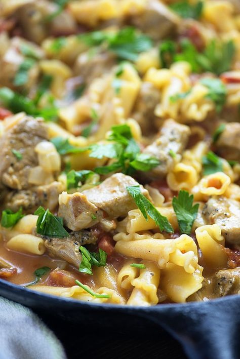 This one dish pasta recipe is loaded with pork, tomatoes, cheese, and onions for a quick dinner recipe that is ready in less than 30 minutes! Pork With Pasta Recipes, Pasta Pork Recipes, Pork Loin Pasta, Pasta And Pork Recipes, Pork And Pasta Recipes Dinners, Pork Alfredo Pasta, Leftover Pork Chop Recipes Easy Dinners, Leftover Pork Loin Recipes Casserole, Leftover Pork Loin Recipes Ideas