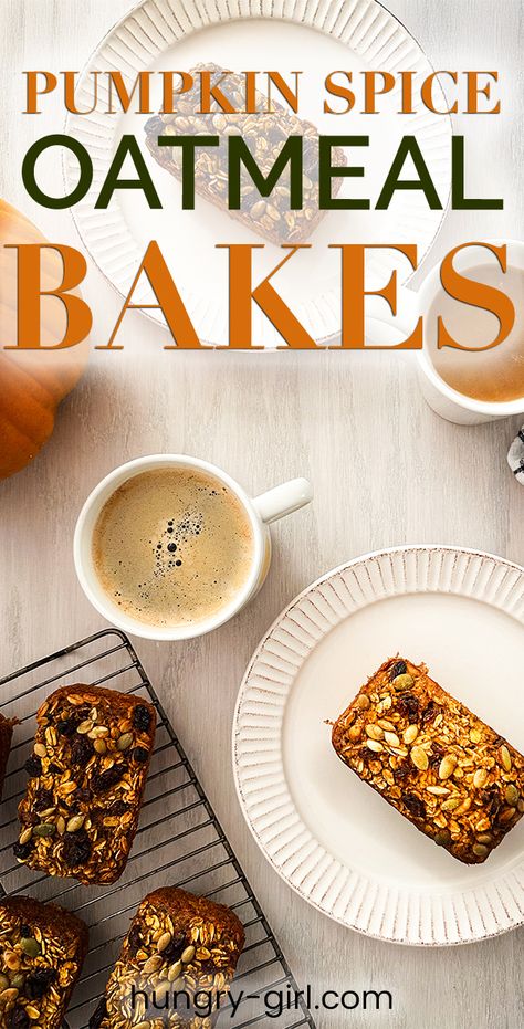 Healthy Pumpkin Spice Baked Oatmeal Recipe | Hungry Girl Baked Oatmeal Muffins Breakfast, Healthy Baked Oatmeal Recipes, Hungry Girl Recipes Dinner, Ww Treats, Baked Oatmeal Recipes Healthy, Oatmeal Bars Healthy, Fall Sweets, Oatmeal Muffins Healthy, Ww Breakfast