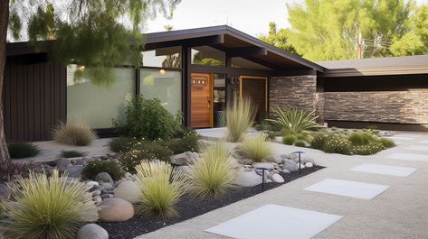 Mid Century Ranch Exterior, Mid Century Modern Front Yard, Mid Century Modern Landscaping, Mid Century Landscaping, Mid Century Modern House Exterior, Mid Century Landscape, Mid Century Modern Ranch, Modern Front Porches, Creative Landscaping