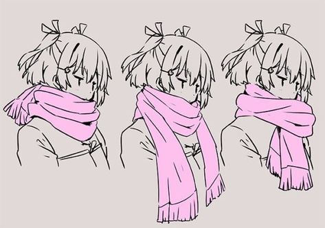 Drawing Scarf Reference, Scarfs Drawing Reference, How To Draw Scarves, Winter Clothing Reference, Anime Scarf Reference, How To Draw A Scarf On A Person, Scarf Drawing Tutorial, Holding Scarf Reference, Winter Pose Reference Drawing