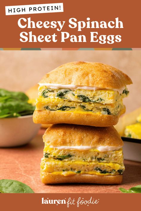 Start your day off right with these Cheesy Spinach Sheet Pan Eggs! These sheet pan eggs are ideal for meal prep or feeding a crowd and are packed with tons of protein thanks to my secret ingredient - cottage cheese! Sheet Pan Eggs, Cheesy Spinach, Breakfast Prep, Feeding A Crowd, Secret Ingredient, Cottage Cheese, Recipe Of The Day, Clean Eating Recipes, Day Off