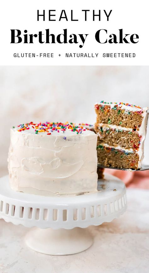 The best healthy birthday cake that's made with a combo of oat and almond flour and topped with healthy cream cheese frosting and rainbow sprinkles. It's fluffy, moist and naturally sweetened, making it a great healthier option for a birthday party or any celebration! Gluten and dairy-free. Healthy Birthday Cake Alternatives, Healthy Birthday Cake Recipes, Paleo Birthday Cake, Dairy Free Birthday Cake, Healthy Birthday Cake, Healthy Cream Cheese Frosting, Healthy Smash Cake, Birthday Cake Alternatives, Gluten Free Birthday Cake