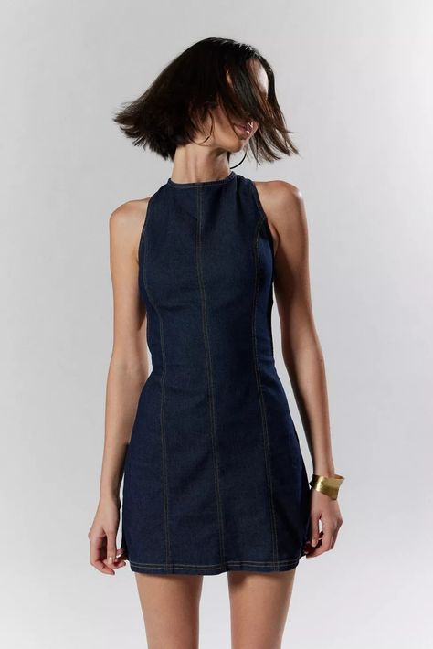 Silence + Noise Lilith Denim Cutout Shift Dress | Urban Outfitters Sleeveless Winter Dress, Denim Dress Outfit, Sheer Slip Dress, Maxi Jersey Dress, Urban Dresses, Denim Mini Dress, Pretty Dress, Wishing Well, Knit Mini Dress