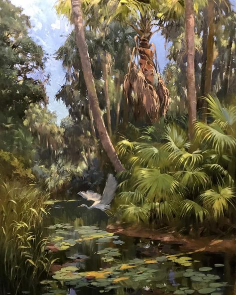 Morgan Samuel Price    Elegance in Flight 45.5x35 oil Florida Oil Painting, Flora Y Fauna, Heron Art, Teacher And Student, Southern Art, Forest Mural, Landscape Painting Tutorial, Tropical Painting, Palm Trees Painting