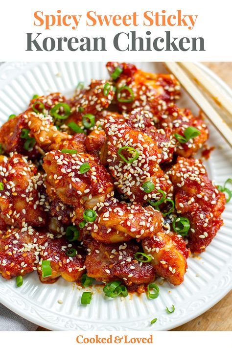 This Korean spicy chicken recipe is incredibly delicious and packed with flavour. Tender, juicy chicken pieces are pan-fried and coated in a mouthwatering spicy, sweet, and savoury Korean sauce. This recipe is inspired by the popular KFC (Korean fried chicken) and is a healthier version, gluten-free and paleo-friendly. Paleo Korean Chicken, High Protein Korean Popcorn Chicken, Korean Style Crunchy Chicken, Korean Spicy Fried Chicken Recipe, Korean Chicken Sweet And Spicy, Korean Chicken, Paleo Sides, Spicy Chicken Recipes, Korean Fried Chicken