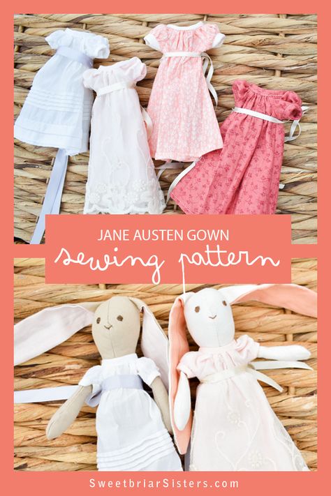 Mini Jane Austen Gown Tutorial · Sweetbriar Sisters Tilda Doll Clothes Patterns Free, Heirloom Doll Pattern Free, Jane Austen Crafts, Tilda Doll Patterns Free, Bridgerton Crafts, Doll Patterns Free Sewing, Bunny Clothes, Maileg Mice, Gown Sewing Pattern