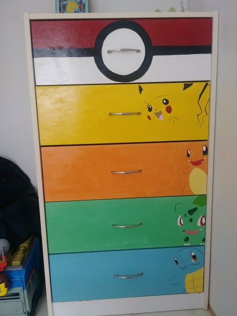 Anime Dresser Diy, Pokemon Themed Bedroom Diy, Pokemon Furniture Diy, Gaming Dresser Ideas, Pokémon Dresser, Pokemon Drawer, Pokemon Dresser Diy, Pokemon Bathroom Ideas, Pokemon Wall Mural