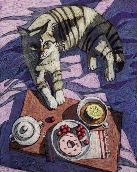 Natalia Leonova, Arte 8 Bits, Fauvism, Paintings Prints, Cats Illustration, Breakfast In Bed, Pastel Drawing, Pastel Art, Cat Painting