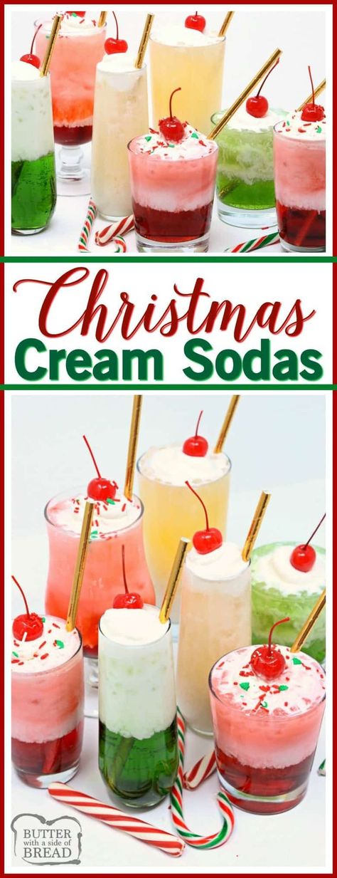 Christmas Cream Sodas made with sweet syrups, cream & club soda are a delicious & festive addition to any holiday party! Delicious mocktail that's so easy! Perfect #Christmas #drink #recipe from Butter With A Side of Bread #beverage #mocktail #holidays Christmas Cream, Italian Cream Soda, Christmas Drink, Soda Recipe, Chocolate Caliente, Cream Soda, Club Soda, Punch Recipes, Drink Recipe