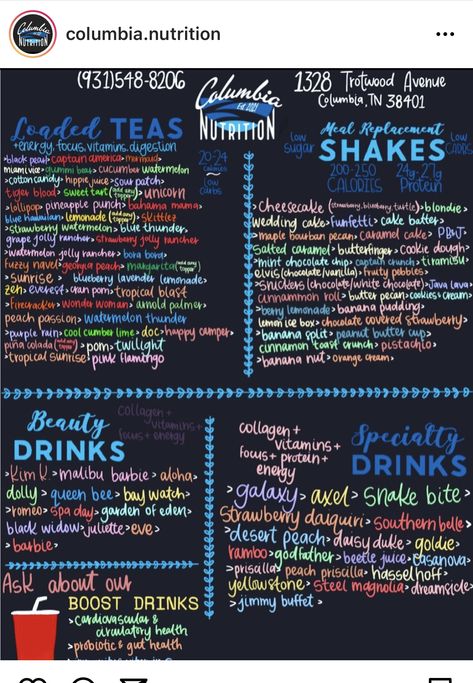 Loaded Tea Menu Board, Nutrition Club Menu Board, Herbalife Store Design, Herbalife Menu Board Ideas, Sun Tea Recipes, Herbalife Club, Shake Ideas, Red Bull Drinks, Herbalife Teas