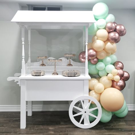 Candy Cart With Balloons, Cart With Balloons, Treat Cart, Gold Tableware, Dessert Cart, First Birthday Winter, Sweet Cart, Ice Cream Party Theme, Sweet Carts