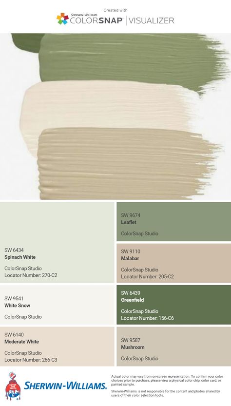 Paint Color Schemes With Sage Green, Colour Palette For Home Decor, Green Room Colour Palettes, Soft Green Painted Furniture, Sherwin Williams Broccoflower, Sage Green Room Color Palette, Safe Green Palette, Sage House Color Palette, Wall Colors That Go With Sage Green