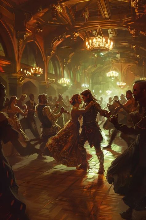 In the midst of the bustling crowd, two figures stand out. A man and a woman, locked in an embrace, their eyes fixed on each other ->> more details in ai-img-gen.com Fantasy Holiday Ideas, Fantasy Training Aesthetic, Medieval Dance Aesthetic, Fantasy Scene Inspiration, Fantasy Party Aesthetic, Dancing Fantasy Art, Fantasy Ball Aesthetic, Fantasy Dancing, Fantasy Ballroom