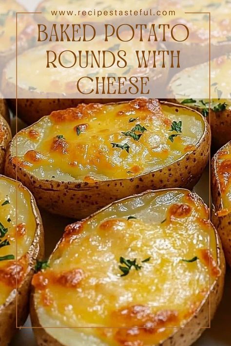 Deliciously crispy baked potato rounds topped with melted mozzarella cheese, seasoned to perfection with garlic and paprika. This easy appetizer is perfect for gatherings or a comforting snack! Potato And Mozzarella Recipes, Baked Potato Rounds With Cheese, Oven Cheese Potatoes, Potato Rounds Baked, Potato Slices In Oven Baked, Baked Potato Rounds, Garlic Baked Potatoes, Potato Rounds, Baked Potato Slices