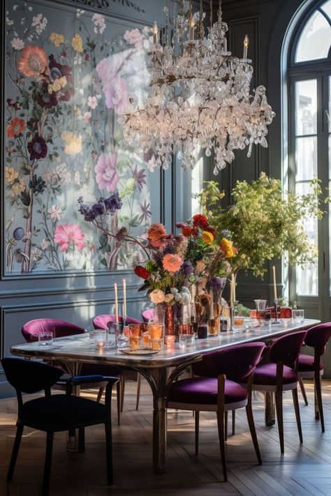 Colourful Dining Room with Large Chandelier and Velvet chairs Modern Dining Table Luxury, Colourful Dining Room, Marble Dining Table Decor, Funky Dining Room, Funky Interior Design, Purple Dining Room, Velvet Dining Room Chairs, Large Floral Wallpaper, Jade Design