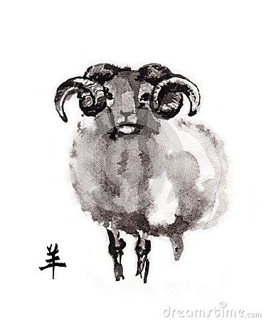 Goat Oriental Ink Painting, Sumi-e Stock Illustration - Image ... Chinese Zodiac Tattoo, Goat Illustration, Goat Paintings, Sheep Logo, Sheep Tattoo, Sheep Drawing, Painting Logo, Sheep Paintings, Goat Art