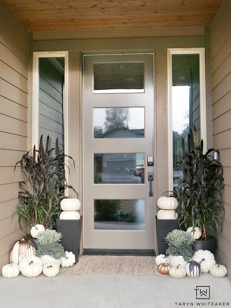 This Elegant Fall Porch design can be easily recreated using millet plants, kale and tons of faux white pumpkins! Porch Kits, Outside Fall Decor, Modern Fall Decor, Building A Porch, Modern Fall, Fall Front Porch, Fall Outdoor Decor, House With Porch, Fall Decorations Porch