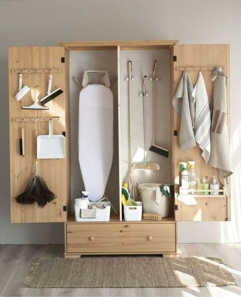 The Space Cube Desk Organiser on Instagram: "No closet, no problem. A wardrobe hides it all in the most stylish way possible!⠀ .⠀ .⠀ .⠀ #wardrobetotherescue#hideit#aplaceforyourstuff#housecleaning#hideitaway#superstorage#storagesolution#clean#housework#cleanhouse#hidinginplainsite#organisedhouse#cleaningtips#storageinspo" Cleaning Cupboard, Utility Room Storage, White Laundry, Laundry Room Layouts, Modern Laundry Rooms, Laundry Room Inspiration, Decor Baie, Cleaning Closet, Home Organisation