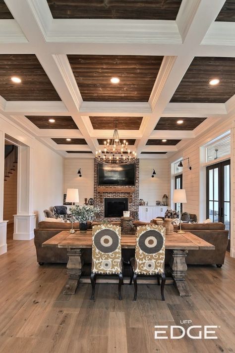 Industrial Ceiling Design Exposed Beams, Ceiling Beams Living Room, Beams Ceiling, Coffered Ceiling Design, Ceiling Remodel, Beams Living Room, Luxury Ceiling Design, Shiplap Ceiling, New Ceiling Design