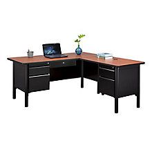 Steel Double Pedestal L-Desk with Center Drawer - 66"W x 72"D, 8825352 Double Pedestal Desk, File Cabinet Desk, L Desk, Office Workplace, Executive Office Desk, Grey Laminate, Shaped Desk, File Drawer, Pedestal Desk