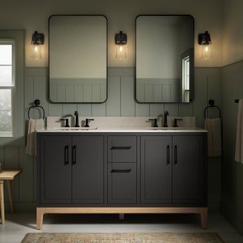 Costco Vanity Bathroom, Kohler Vanity Bathroom, Master Bath Black Vanity, Kohler Vanity, Brushed Nickel Cabinet Pulls, Spare Bathroom, Quartz Vanity, Kohler Bathroom, Black Vanity Bathroom