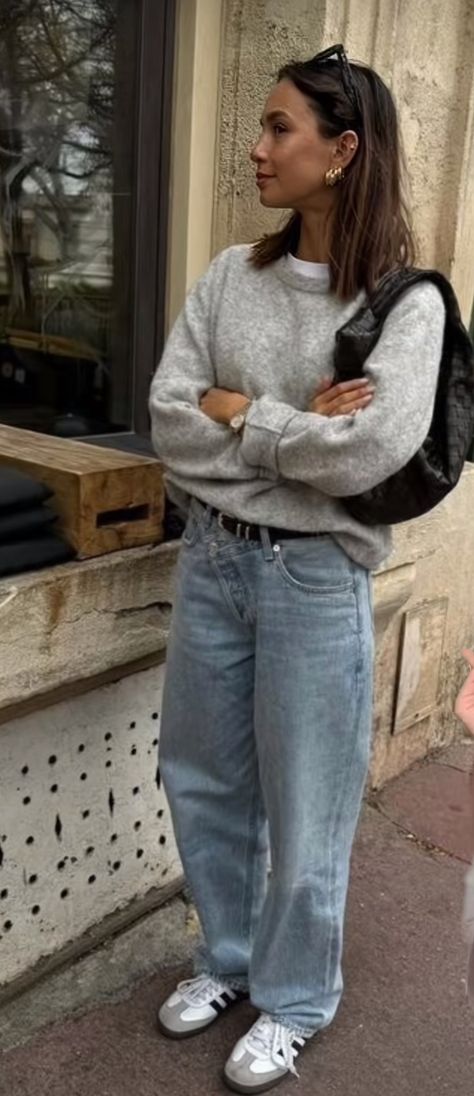 Cute Comfy Jean Outfits, Grey Ribbed Top Outfit, Jeans With Long Sleeve Shirt, Light Grey Long Sleeve Shirt Outfit, Light Gray Top Outfit, Grey Long Sleeve Top Outfit, Light Wash Blue Jeans Outfit, Navy Quarter Zip Outfit, Navy Long Sleeve Top Outfit